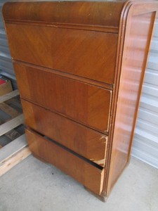 Vintage beveled top wood 4-drawer highboy dresser approx 30x17x49in