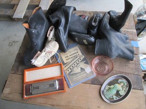 Vintage harmonica with book, depression Era fingertip bowl, shoes and small decorative Pepsi tray