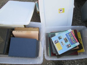 (2) totes of vintage atlases, plat books and other reading materials