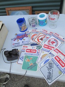 Camel Cigarettes cups and can cooler, sports related window insignias and vintage View Master