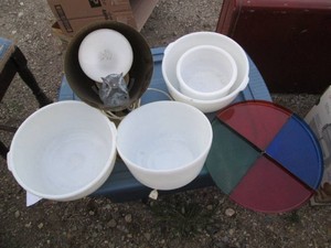 Vintage milk glass mixing bowls and misc household