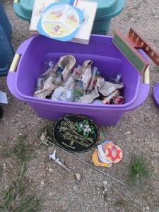 Covered Tote containing misc vintage glassware, cigar boxes, barware and more