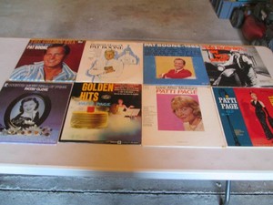 Collection of records with artist name starting P Pat Boone, Pat Buttram, Patsy Cline, Patti Page