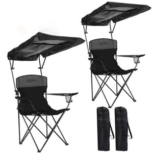 2 PACK YOUNG WOOD Portable Camping Chair Beach Chair with Shade Canopy, Fold Lightweight Oversized for All, Easy to Open and Close Without Installation, Side Pocket Design for All Outdoor Activities,Black,