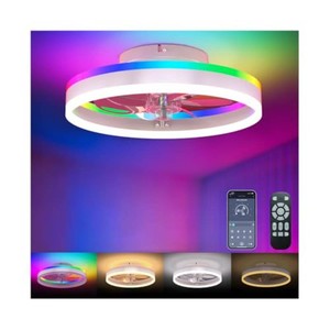 RGB Ceiling Fan with Lights, low profile ceiling fans with lights and remote, Flush Mount LED Fan Light, Modern Bladeless Fandelier for Bedroom Works with APP, 16IN White