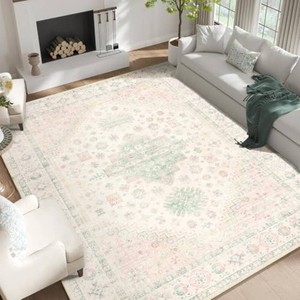 $190 MUJOO 9x12 Area Rug Washable Low Pile Non Slip Boho Pink and Green Large  Machine Washable Throw Carpet for Living Room Bedroom Dining Room Floor Indoor Light Blush and Sage Green