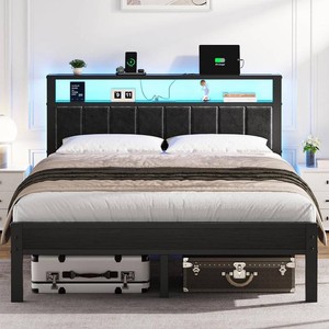$160 OLEVS Queen Size Bed Frame with LED Lights & Charging Station, Modern Platform Bed with 2-Tier Storage Headboard, No Box Spring Needed, Noise Free