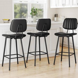 $175 Raynesys 29-Inch Leather Bar Stools Set of 3 with High Backrest, Black  Faux Leather, Bar Height Bar Chairs, Heavy Duty Metal Legs, With Footrest, For Kitchen Island