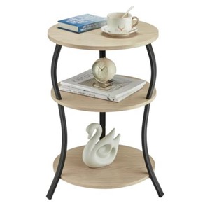 YEAKOO Round Side Table, 3-Tier End Table with Storage Shelf for Narrow and Small Spaces, Round Sofa Table Vintage Corner Tables for Living Room,Bedroom NightstandOak