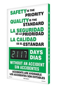 $375 AccuformNMC Digi-Day Spanish Bilingual Electronic Safety Scoreboard SBSCK117, Track Days We Worked Without A Lost Time Accident, Aluminum 28L x 20W x 1D, Bright LED Display with Remote, Made in USA