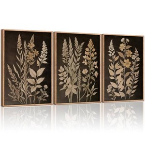 HLNIUC Vintage Botanical Fern Framed Canvas Wall Art Set,Black and Tan Plant Leaf Wall Decor,Netural Minimalist Herb Floral Art Print,Modern Farmhouse Wall Painting for Living Room,Bedroom - 16x24x3