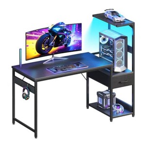 Casaottima 48 Gaming Desk with LED Lights & CPU Stand, Reversible Computer Desk with Storage Shelves & Fabric Drawer, Modern PC Gamer Table with Headphone Hook, Carbon Fiber Black