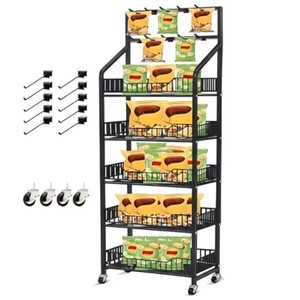 DoubleFill 1 Set 65 5 Tier Snack Rack Display Stand with 4 Wheels & 10 Hooks, Heavy-Duty Metal Retail Shelf Cart for Chip, Candy, Black Display Organizer Concession Stand for Supermarket Store Home