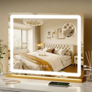 ROLOVE 23x18 Gold Vanity Mirror with Lights, Large Lighted Makeup Mirror with 10X Magnifier, 3 Color Lighting & Stepless Dimming, Wall Mounted or Tabletop Desk Mirror for Bedroom