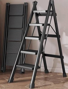 Runruii Step Ladder 5 Step Folding Portable Step Ladder with Anti-Slip Wide Pedal Aluminum Stepladder Lightweight Step Stool for Office Household Library 300lbs - Black