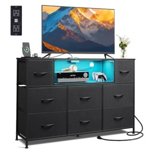 WLIVE LED Black Dresser TV Stand for 55 Inch TV, 8 Drawers  Fits TVs up to 55 inch, 8 fabric drawers, LED chest of drawers, Built-in power outlet, Living room or bedroom