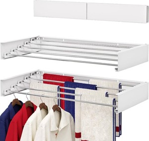 Wall Mounted Drying Rack 31.5, Foldable Laundry Drying Rack with Stainless Steel Rods, Retractable Laundry Space Saver for Indoor & Outdoor Use, Include Wall Template
