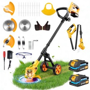 $160 Electric Weed Wacker Cordless with Wheels,Electric Weed Eater Battery Powered 4000mAh,4 in 1 Grass TrimmerBrush CutterGrass EdgerSmall Lawn Mower,No String Trimmer with Blade, 2 Battery