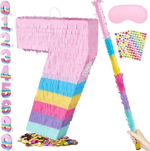 PCFING 20 In Number 7 Pi ata Set Pink Colors for Birthday Party Decorations  With 30 In Stick Blindfold Confetti for Boys Girls Adults, Anniversary Celebration Fiesta