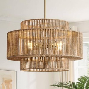 $140 17.7 Rattan Chandelier for Dining Room, Large Boho Pendant Light  4-Light, Hand Woven, No Assembly, Gold Hardware, Farmhouse Coastal Wicker Light Fixture Kitchen Living Room Bedroom Foyer