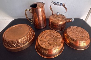 Vintage Cooper Pitcher, Copper Kettle, 3 Copper Molds