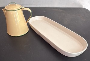 Small Enamelware Coffee Pot and Ceramic Tray