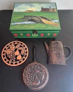 Wood Storage Box, Cast Iron Trivet, Homco Wall Hangings