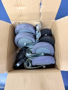 NEW OPEN BOX Set of 4 Heavy-Duty 5 Stem Casters w2 Foot Brakes &amp 4 Donut Bumpers, Gray Non-Marking Wheels, Replacement Wheels for Commercial Wire Shelving, Utility Carts, Storage Racks &amp Equipment