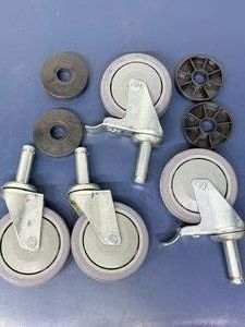 NEW OPEN BOX Set of 4 Heavy-Duty 5 Stem Casters w2 Foot Brakes &amp 4 Donut Bumpers, Gray Non-Marking Wheels, Replacement Wheels for Commercial Wire Shelving, Utility Carts, Storage Racks &amp Equipment