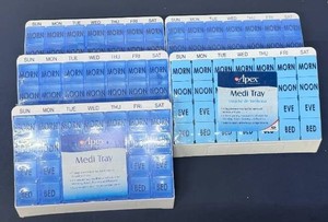 MSRP $75 NEW Lot of 5 Apex Medi Tray 7-Day Medication Organizers, 28 Compartments, 4 Doses Daily MornNoonEveBed, Removable Daily Pill Planners, Braille, Home Health &amp Caregiver Use