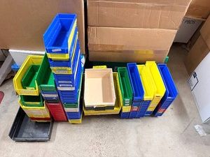 MSRP $500 Huge Lot 100 Akro-Mils Style Heavy-Duty Industrial Stackable &amp Hanging Storage Bins, Assorted SizesColors, Hopper Fronts &amp Label Holders, Parts, Hardware, Medical, Warehouse, Shop &amp Inventory Organization Great Condition