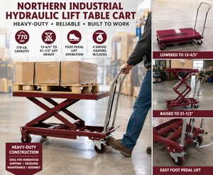 MSRP $850 Northern Industrial Tools 770-LB Capacity High-Lift Hydraulic Scissor Table Cart, 36 x 20 Platform, Foot-Pedal Lift, 13-45 to 51-12 Height, Heavy-Duty Mobile Material Handling Cart - Excellent Condition Like New See Youtube