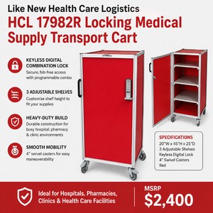 MSRP $2,000 Health Care Logistics HCL 17982R Locking Medical Supply Transport Cart, Keyless Digital Combination Lock wCombo, 3 Adjustable Shelves, Heavy-Duty Mobile Hospital, Pharmacy &amp Clinic Secure Storage, 20W x 45H x 25D, Red Excellent