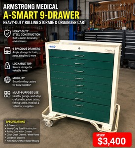MSRP $3,400 Armstrong Medical A-SMART 9-Drawer Heavy-Duty Rolling Storage &amp Organizer Cart, Garage Tools, Workshop Parts, Craft Studio, Salon, Tattoo, Fishing Tackle, Medical &amp Veterinary Supplies, Excellent Condition No Key, Wheel Rubber Missing
