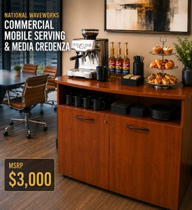 MSRP $3,000 National WaveWorks Commercial Mobile Serving &amp Media Credenza, Wood Veneer &amp Laminate, Locking Double-Door Cabinet wKey, Adjust Shelf, Cord Grommet &amp Casters, Coffee Bar, OfficeHospitality Excellent Condition 36W26D34H