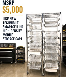 MSRP $5,000 Like New Technibilt SmartCell HD High-Density Mobile Storage Cart, 18 Pull-Out Wire BasketsBins, Adjustable KanbanPAR System for Supplies, Auto Parts, Tools, Hardware &amp Warehouse, 74x24x38 System Has Removable Dividers In Baskets