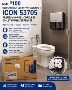 MSRP $100 NEW Kimberly-Clark Professional ICON 53705 Premium 4-Roll Coreless Toilet Paper Dispenser, Silver Mosaic Designer Faceplate, High-Capacity Commercial Restroom System, KeyedPush-Button Access, ADA Compliant When Properly Installed