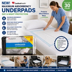 NEW Cardinal Health Maximum Absorbency Underpads, 30-Count XX-Large 30x36 Disposable Pads WMoisture-Proof Barrier, Day &amp Night Protection, Bed, Chair, Wheelchair, Incontinence, Home Care &amp Medical Use