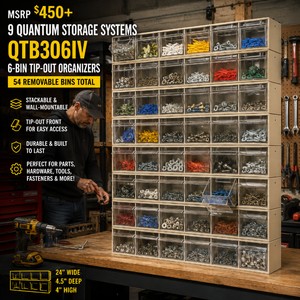 MSRP $450 NEW 9 Quantum Storage Systems QTB306IV Clear 6-Bin Tip-Out Organizers, 54 Removable Bins Total, Stackable &amp Wall-Mountable Modular Storage, Hardware, Fasteners, Parts, Tools, Electronics, Garage, Workshop &amp Warehouse, 24x4.5x4