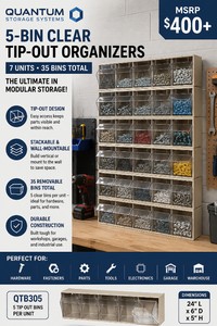 MSRP $400 NEW 7 Quantum Storage Systems QTB305 5-Bin Clear Tip-Out Organizers, 35 Removable Bins Total, Stackable &amp Wall-Mountable Modular Storage, Hardware, Fasteners, Parts, Tools, Electronics, Garage, Workshop &amp Warehouse, 24x6x5