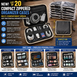 NEW Lot of 20 Compact Zippered Multi-Compartment Organizer Cases, 7x6, Mesh Zipper &amp Storage Pockets, Portable Travel Pouches For Electronics, Cords, Chargers, Tools, First Aid, Crafts, Cosmetics &amp Accessories