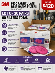 MSRP $420 NEW Lot of 30 Pairs  60 Total 3M 209107000 P100 Particulate Respirator Filters, 99.97% Filtration, Oil &amp Non-Oil Particles, For 3M Reusable Respirators, Construction, Sanding, Grinding, Woodworking &amp Industrial Use, EXP 0126