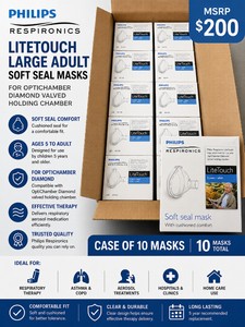 MSRP $200 NEW CASE OF 10 Philips Respironics LiteTouch Large Adult Soft Seal Masks 1082716 For OptiChamber Diamond Valved Holding Chamber, Ages 5Adult, Cushioned Comfort, Clear Respiratory Aerosol Therapy Masks