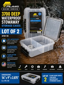 MSRP $50 NEW Lot Of 2 Plano Guide Series 3700 Deep Waterproof StowAway Storage Cases 3741-10, 14x9x2.875, 13 Adjustable Compartment Configurations, Dri-Loc O-Ring Seal, 3 Cam-Action Latches, Made In USA, Fishing, Tools, Parts &amp Gear