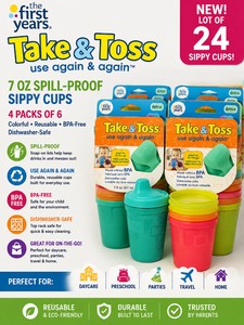 MSRP $50 NEW Lot Of 24 The First Years Take &amp Toss 7 Oz Spill-Proof Sippy Cups With Snap-On Lids, 4 Packs Of 6, Colorful Reusable BPA-Free Dishwasher-Safe Toddler Cups, Great For Daycare, Preschool, Parties, Travel &amp Home
