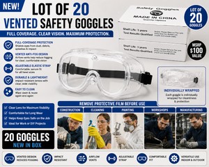 MSRP $100 NEW Lot of 20 Vented Clear Protective Safety Goggles With Adjustable Elastic Head Straps, Full-Coverage Eye Protection, Anti-Fog Airflow Design for Construction, Cleaning, Painting, Workshops, Manufacturing &amp DIY