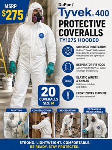 MSRP $275 NEW 20 DuPont Tyvek 400 TY127S Hooded Protective Coveralls, Size M, White Industrial PPE Bunny Suits, Respirator-Fit Hood, Storm Trap, Elastic Wrists &amp Ankles, for Painting, Construction, Remediation, Insulation, Cleanup &amp Maintenance