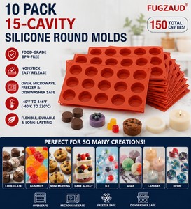 MSRP $90 NEW 10 FUGZAUD 15-Cavity Silicone Round Molds, 150 Total Cavities Food-Grade BPA-Free Nonstick Baking &amp Candy Molds For Chocolate, Gummies, Mini Muffins, Cake, Jelly, Ice, Soap, Candles &amp Resin, OvenMicrowaveFreezerDishwasher Safe