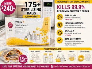 MSRP $240 NEW 175 Medela Quick Clean Micro-Steam Sterilizing Bags, 3,500 Uses Microwave Breast Pump, Baby Bottle, Nipple &amp Pacifier Sanitizing, Kills 99.9% Of Common Bacteria &amp Germs In 3 Minutes, Reusable 20x Each Nice Bulk Lot For Daycares