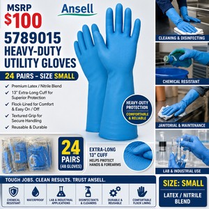 MSRP $100 NEW 24 Pairs Ansell 5789015 Heavy-Duty Utility Gloves, Small, Reusable LatexNitrile Blend, 13 Extra-Long Cuff, Flock-Lined Textured Grip, Chemical, Disinfectant, Janitorial, Lab &amp Industrial Cleaning